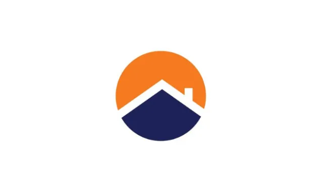 Orange circle with a navy blue house silhouette and a white roof outline inside.
