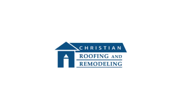 Christian Roofing and Remodeling company logo with house roof and door icon in blue.