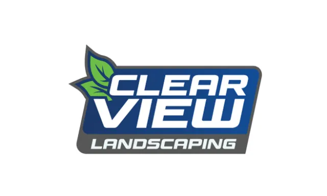 Clear View Landscaping logo with green leaves and blue and gray color scheme on white background