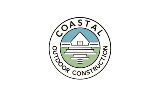 Coastal Outdoor Construction logo featuring a house with stairs over green and blue background.
