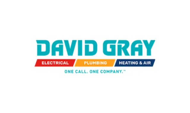 David Gray company logo with services electrical, plumbing, heating and air in red, orange, and blue bars.