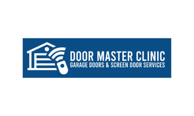 Logo of Door Master Clinic featuring a house, remote control, and text for garage and screen door services.