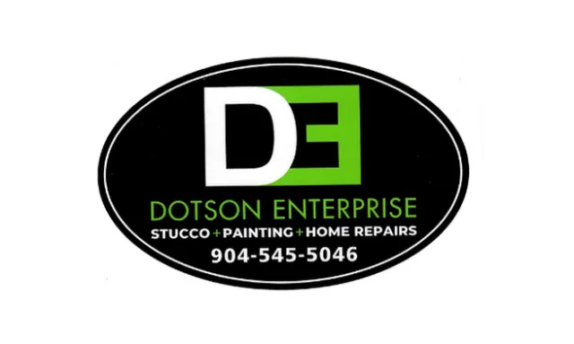 Dotson Enterprise logo with DE initials, specializing in stucco, painting, and home repairs with contact number.
