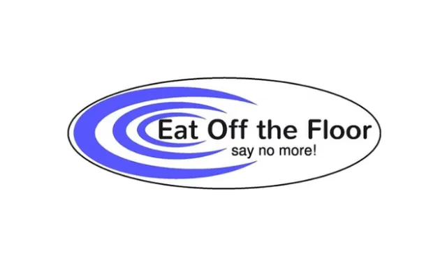 Eat Off the Floor logo with blue curved lines and slogan say no more inside an oval shape