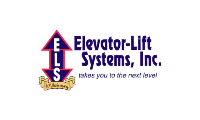 Elevator-Lift Systems logo with arrows and ribbon marking 40th anniversary and tagline 'takes you to the next level'.