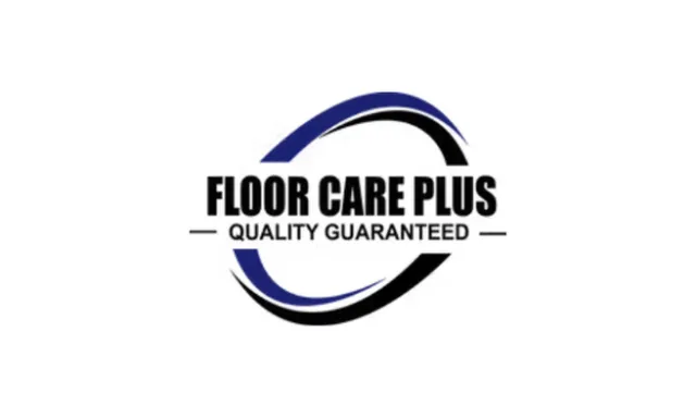 Floor Care Plus logo with blue and black swooshes and quality guaranteed tagline on white background