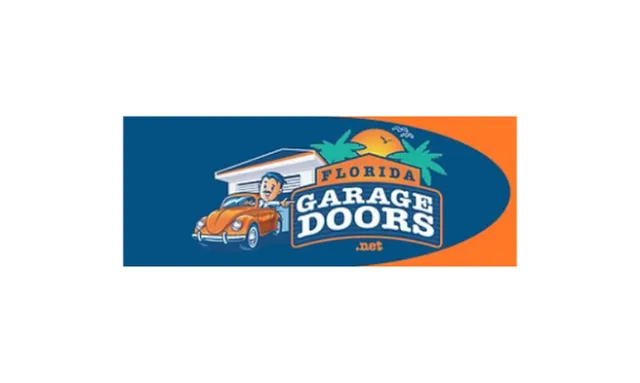 Florida Garage Doors logo with a vintage orange car, garage, palm trees, and sunset in blue and orange background