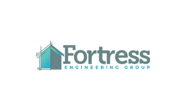 Fortress Engineering Group logo with stylized house and blueprint lines in blue and gray.