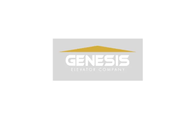 Genesis Elevator Company logo with gold roof design and bold white text on gray background