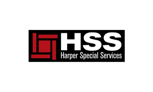 HSS Harper Special Services logo with a red geometric design and bold white text on a black background