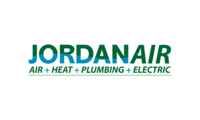 Jordan Air logo featuring air, heat, plumbing, and electric services in green and blue text on white background