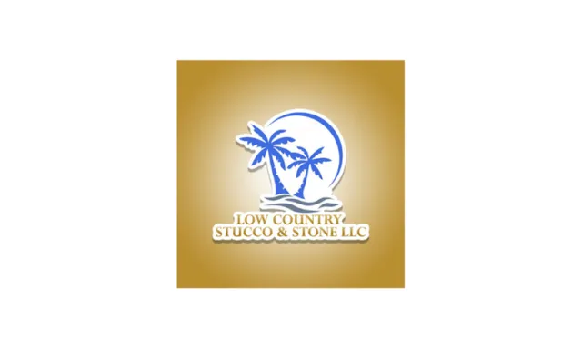 Low Country Stucco & Stone LLC logo with blue palm trees and brown text on a gold background