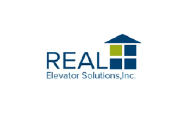 Logo of Real Elevator Solutions, Inc. with blue and green window-like squares and a roof icon