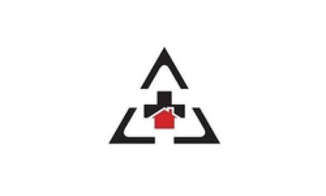 Minimalist logo featuring a black triangle, a black cross, and a small red house symbol in the center.