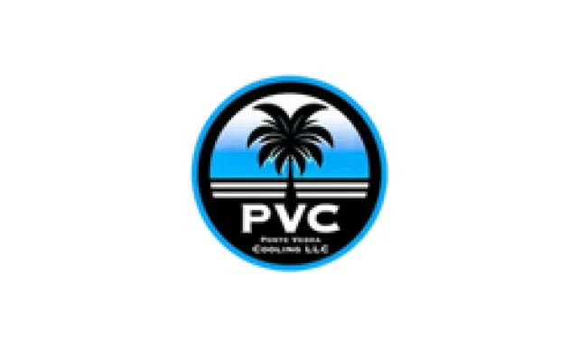 PVC Puerto Viejo Colombia logo featuring a black palm tree silhouette against a blue gradient circle.