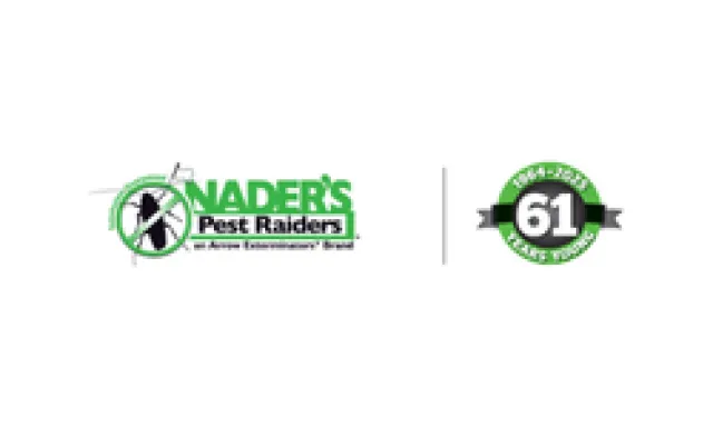 Nader's Pest Raiders logo featuring pest control branding and a 61 years service badge in green and black.