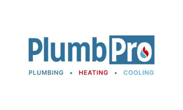PlumbPro logo with plumbing, heating, and cooling services highlighted with flame and water drop icon.