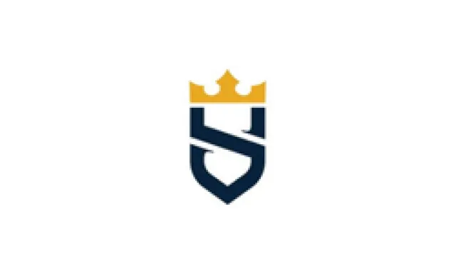 Minimalist logo featuring a navy blue shield with a gold crown on top and a white diagonal stripe.