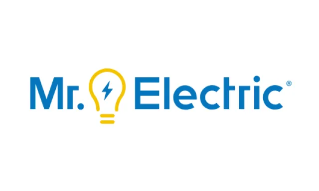 Mr. Electric logo with blue text and a yellow light bulb featuring a lightning bolt inside on white background