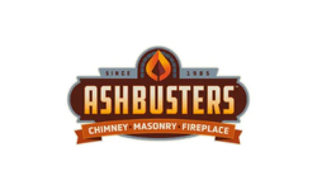Ashbusters logo with flame icon and text highlighting chimney, masonry, and fireplace services since 2003