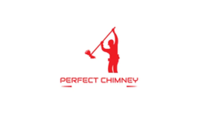Red silhouette of a person holding chimney cleaning brush above head with text Perfect Chimney below.