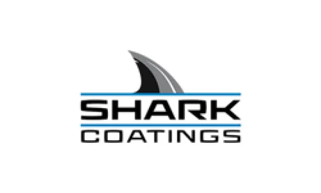 Shark Coatings logo featuring a stylized shark fin and bold text separated by blue lines
