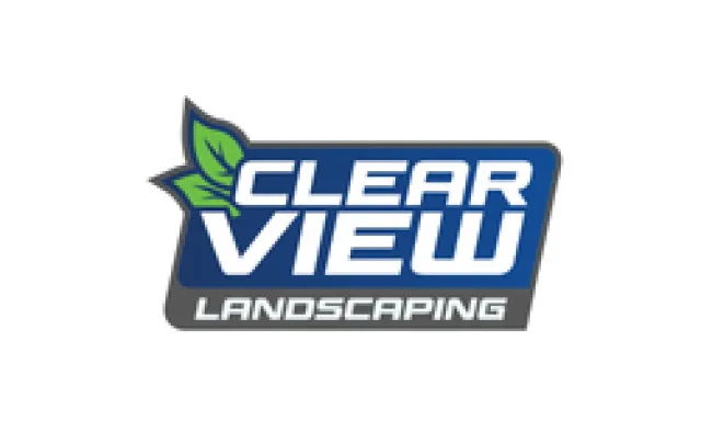 Clear View Landscaping logo with green leaves and bold blue and gray text on white background