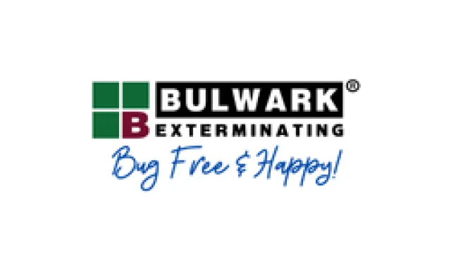 Bulwark Exterminating logo with green squares and slogan Bug Free & Happy in blue script.