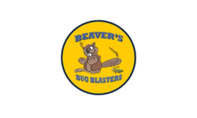 Beaver's Bug Blasters logo featuring a cartoon beaver holding a bug spray inside a yellow circle.