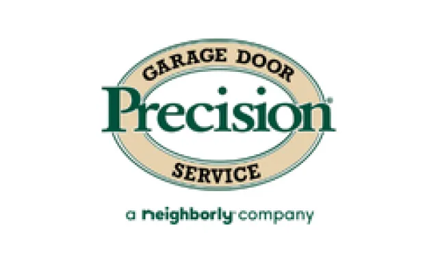 Precision Garage Door Service logo with a beige oval and green text, a Neighborly company branding