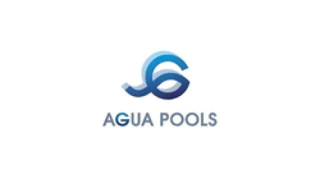 Logo of Agua Pools featuring stylized blue waves above the company name on a white background