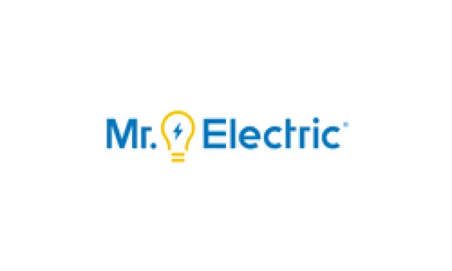 Mr. Electric logo with blue text and yellow light bulb icon featuring a lightning bolt inside it