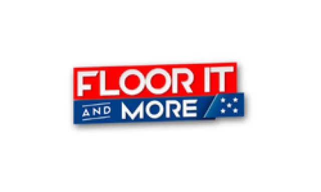 Floor It and More logo with red, white, and blue colors and star accents on a white background