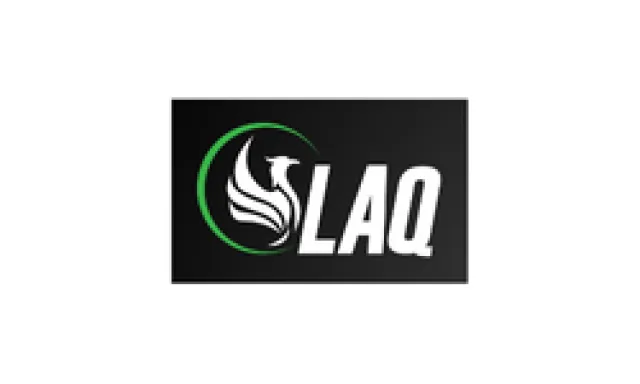 LAQ logo with a stylized white phoenix inside a green circle on a black background