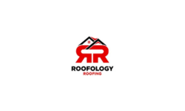 Roofology Roofing logo with red double R and black roof design representing roofing services.