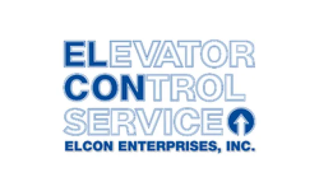 Logo for Elcon Enterprises Inc. featuring elevator control service text and upward arrow symbol.