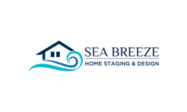 Sea Breeze Home Staging & Design logo featuring a house and ocean wave in blue tones.