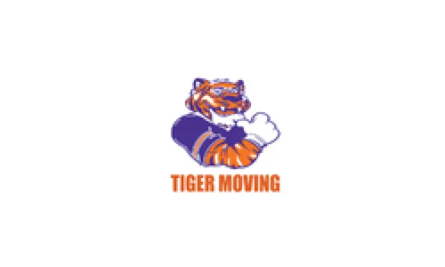 Logo with a muscular cartoon tiger flexing its arm above bold orange text reading Tiger Moving.