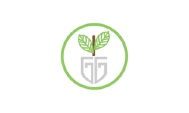 Green circular logo with two leaves sprouting from a brown stem above stylized gray letters GG