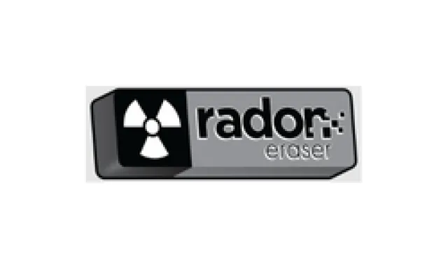 Logo of Rador Eraser featuring a black and gray eraser with a radiation symbol.
