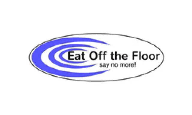 Logo of Eat Off the Floor with blue swirl design and slogan stay no more in an oval shape.
