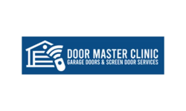 Logo for Door Master Clinic featuring a house with a garage door and remote, offering door services