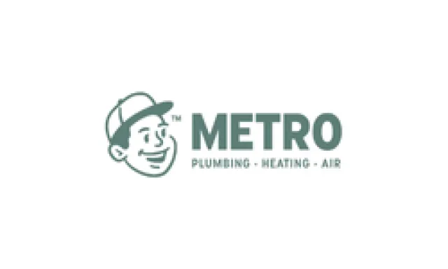 Metro company logo with a smiling man in a cap and text for plumbing, heating, and air services.