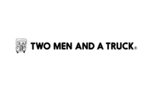Black and white logo of moving company Two Men and a Truck with truck graphic and bold text.