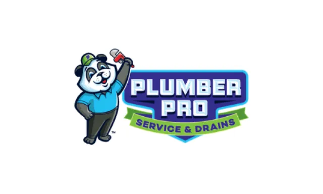 Cartoon panda mascot holding a pipe wrench next to Plumber Pro Service & Drains logo with blue and green colors.