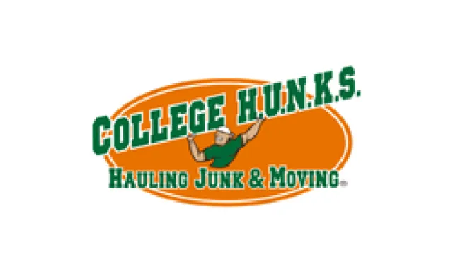 College H.U.N.K.S. logo with muscular figure hauling junk, orange oval background, green text for hauling junk and moving