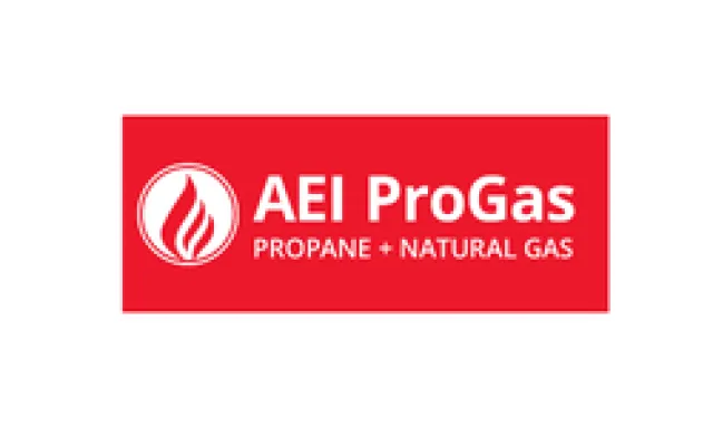 AEI ProGas logo with flame icon and text for propane and natural gas services on red background