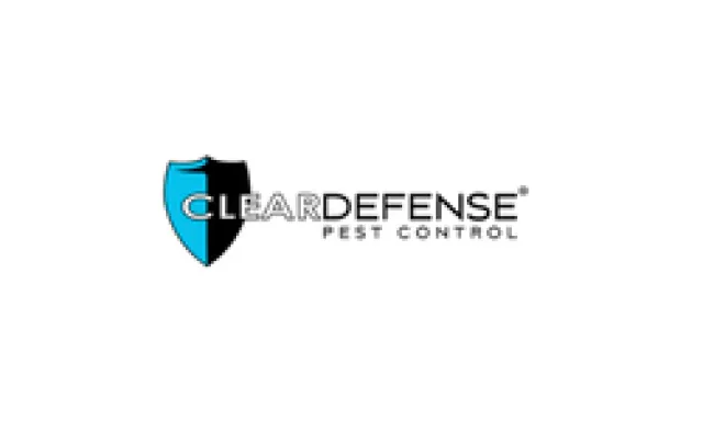 Clear Defense Pest Control logo with a blue and black shield symbol and bold text.