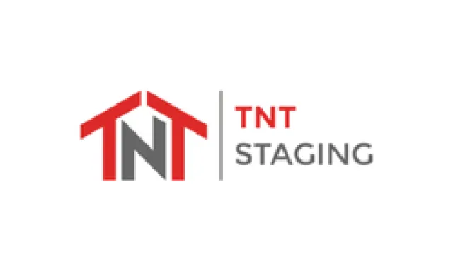 TNT Staging logo with red and gray house-shaped letters and text on white background