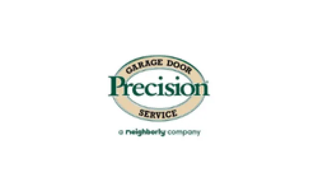 Precision Garage Door Service company logo with green and tan colors and tagline a neighborly company